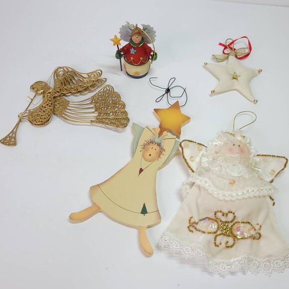 unknown Other - Set of 4 Angel Themed Christmas Ornaments Plush Wood Resin Wire Country Classic